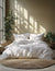 Neatly made bed with floral patterned bedding in a sunlit room with plants.