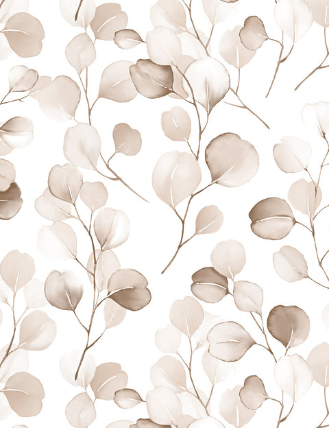 Pattern of beige leaves and branches on a white background