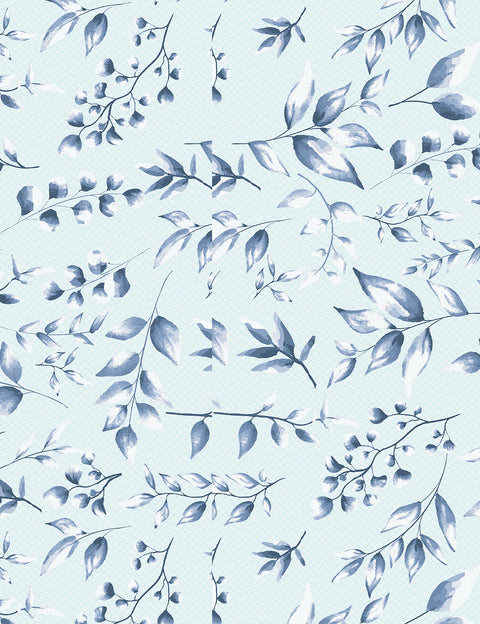 Light blue background with delicate leaf patterns