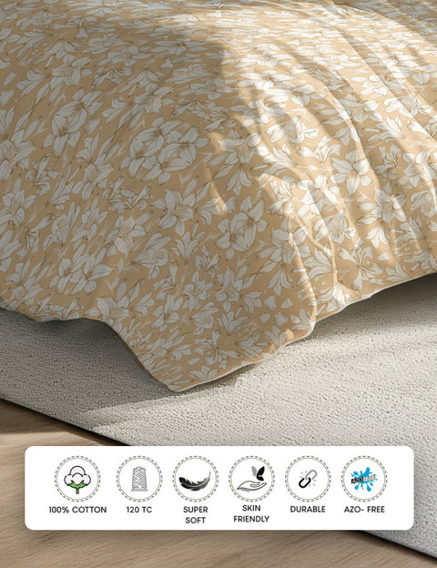 Floral patterned beige blanket on a bed, 100 % Cotton Bedsheet, 120 TC, Super Soft, Skin Friendly Bedsheet, Durable & Sustainable Bedsheet