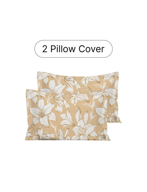 Two beige pillow covers with white floral pattern on a white background