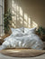Bed with patterned bedding in a room with plants and natural light