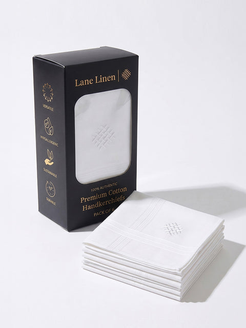 LANE LINEN White 100% Cotton Handkerchiefs for Men, Soft Pocket Hanky (6 Pc Pack), White, Regular