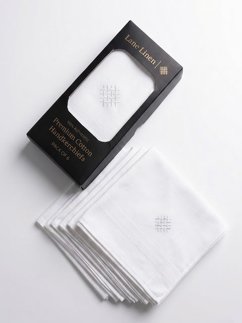 LANE LINEN White 100% Cotton Handkerchiefs for Men, Soft Pocket Hanky (6 Pc Pack), White, Regular