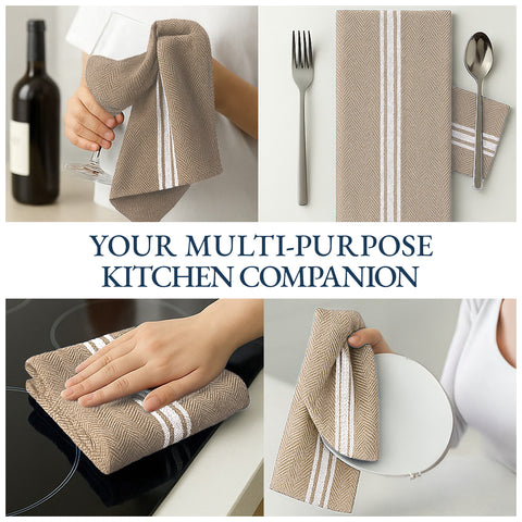 Herringbone Kitchen Towel - 100% Pure Cotton Dish Towels for Kitchen, Pack of 6 - Beige Chambrey KHUSPAL HOME TEXTILE LLP