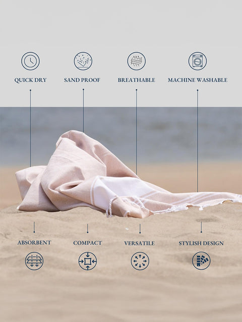 Product on sand with features listed above as quick dry, sandproof, breathable, machine washable, absolent, compact, versatile, Stylish Design