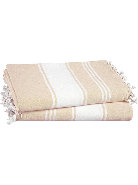Beige color and white striped towel with tassels dislplayed on a white background