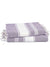 Purple towel with white stripes and tassels on a white background