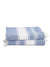 Two blue and white striped towels with tassels on a white background
