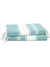 Two turquoise and white striped towels with tassels on a white background