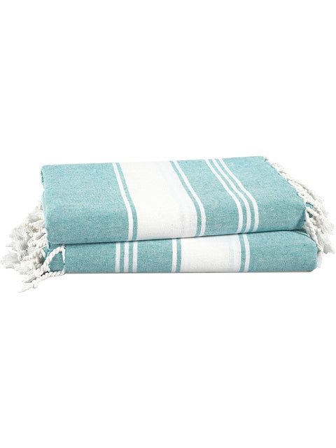 Two turquoise and white striped towels with tassels on a white background