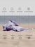 Purple towel on sand with text labels indicating features like quick dry, sand proof, breathable, machine washable, absorbent, compact, versatile, and stylish design.