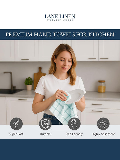 Woman using a premium hand towel in a kitchen with 'Lane Linen' branding and features like super soft, durable, skin friendly, highly absorbent