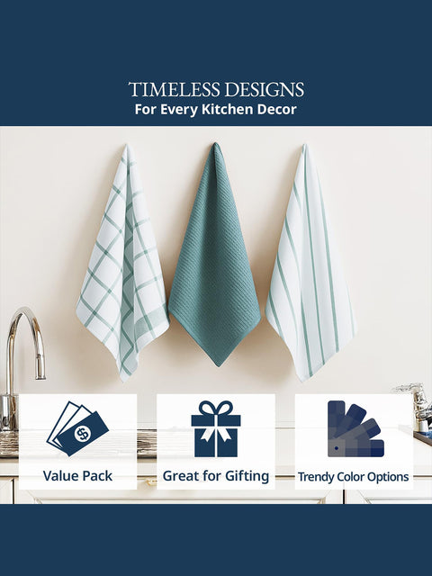 Three kitchen towels hanging on a rack with promotional text and icons like value for money product, great for gifting, trendy color options 