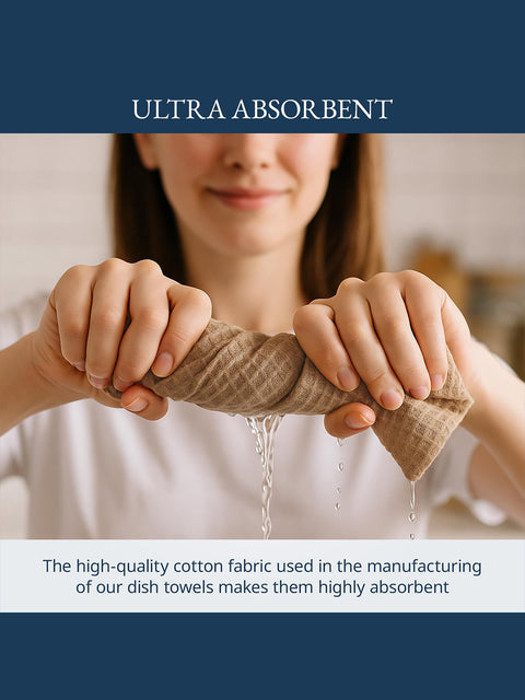 Person holding a dish towel with water dripping, emphasizing absorbency, the high quality cotton fabric used in the manufacturing of our dish towels makes them highly absorbent