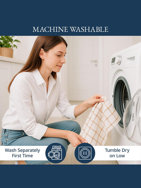 Woman with a towel in front of a washing machine, with text about machine washability.