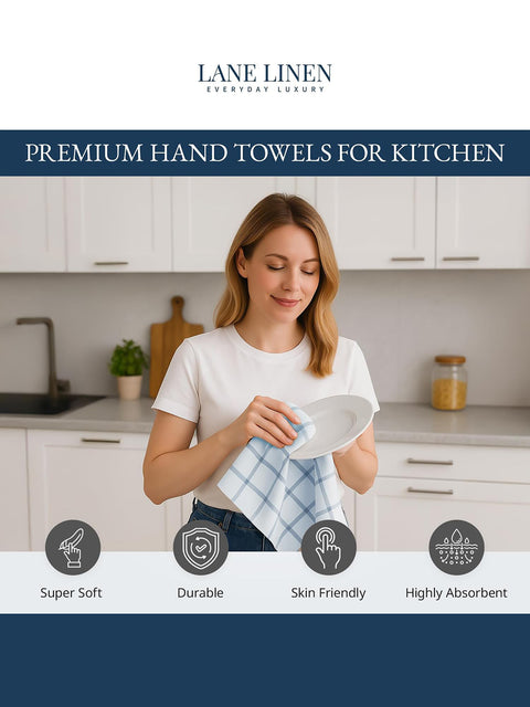 Woman using a premium hand towel in a kitchen with 'Lane Linen' branding features like super soft, durable, skin friendly, highly absorbent