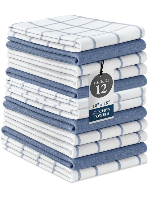 Stack of blue and white checkered kitchen towels with a tag indicating a pack of 12 on a white background.