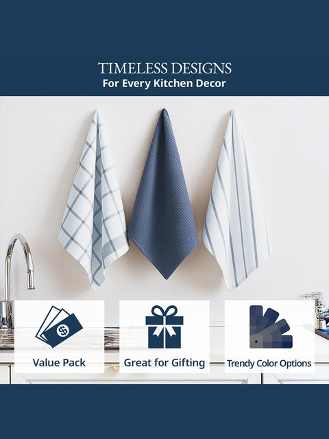 Three kitchen towels hanging on a rack with promotional text and icons.