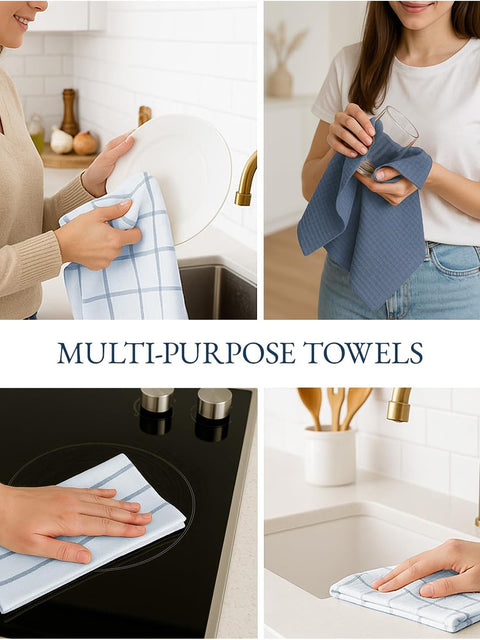 Collage of people using multi-purpose towels in a kitchen setting.