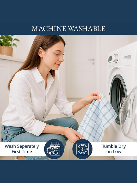 Woman washing a blue and white checkered towel in a washing machine with text about machine washability.