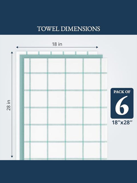Kitchen Hand Towel dimensions with a grid pattern and text indicating pack size on a blue background