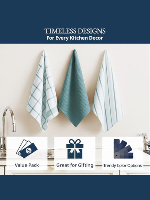 Three kitchen towels hanging on a rack with promotional text and icon displaying value for money, great for gifting products & Trendy Color Option available
