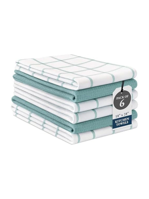 Displaying Pack of 6 kitchen towels with a Tag on a white background