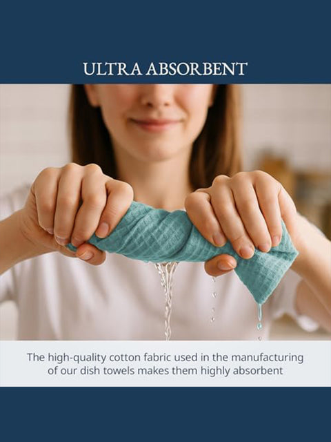 Person holding a blue dish towel with water dripping from it, text about absorbent quality, the high quality cotton fabric used in the manufacturing of our dish towels makes them highly absorbent