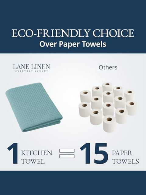 Displaying  Lane Linen kitchen towels as an eco-friendly choice over paper towels.