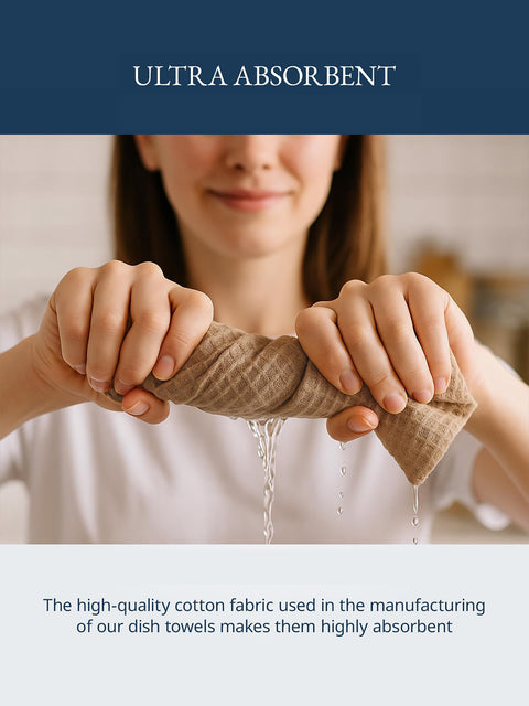 Person holding a dish towel with water dripping from it, emphasizing its absorbent quality, the high quality cotton fabric used in the manufacturing of our dish towels makes them highly absorbent