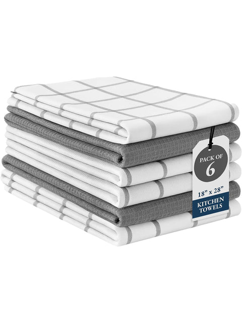Pack of 6 kitchen towels with a white and gray checkered pattern on a white background