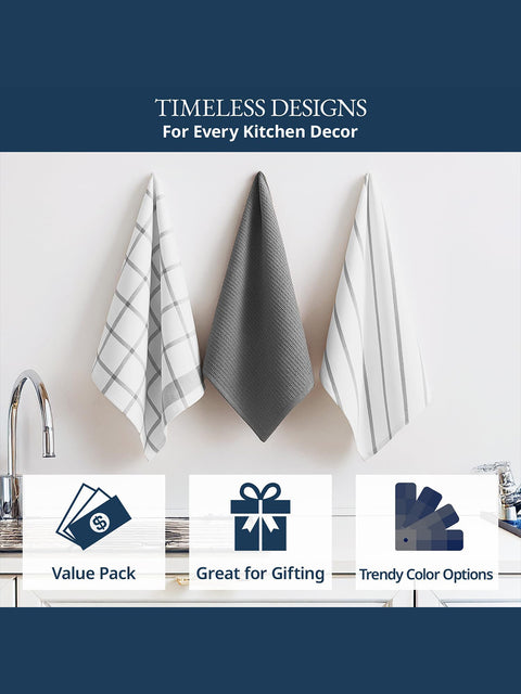 Three kitchen towels hanging on a rack with promotional text and icons as value for money pack, great for gifting & Trendy Color Options