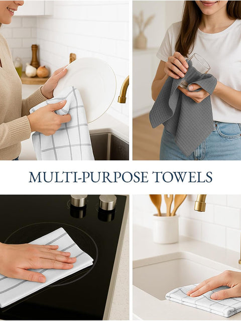 Collage of people using multi-purpose white color grey stripe  towels in a kitchen setting for various usuage