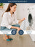 Woman washing a towel in a washing machine with text on machine washability & Tumbility