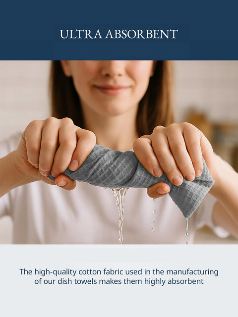 Person holding a gray dish towel with water dripping, text about absorbent quality, the high quality cotton fabric used in the manufacturing of our dish towels makes them highly absorbent