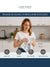 Woman holding a White & grey hand towel in a kitchen with 'Lane Linen' branding and product features listed as super soft, durable, skin friendly, highly absorbent