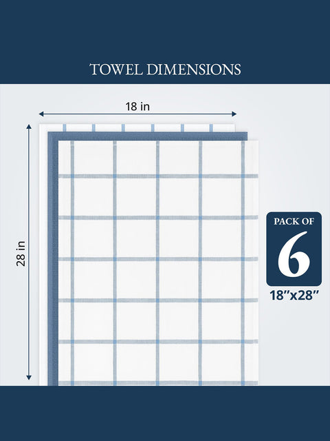 Dimensions of a towel with a pack of six label on a blue background
