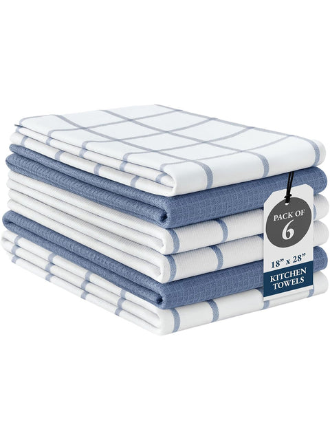 Stack of blue and white checkered kitchen towels with a label indicating 'Pack of 6'.