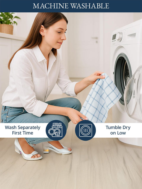 Woman washing a kitchen cloth of white & blue color striped with a washing machine, showing care instructions