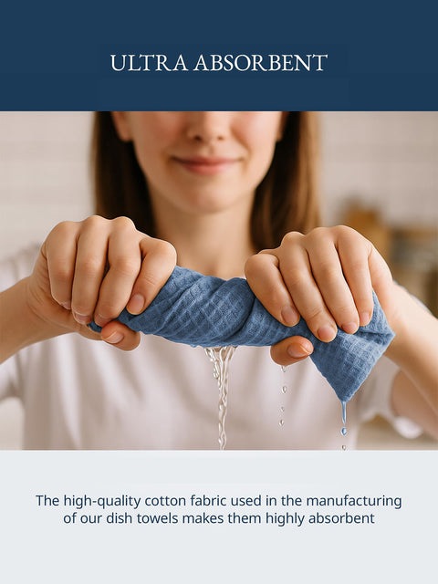 Person holding a blue dish towel with water dripping from it, text about absorbent quality, the high quality cotton fabric used in the manufacturing of our dish towels makes them highly absorbent