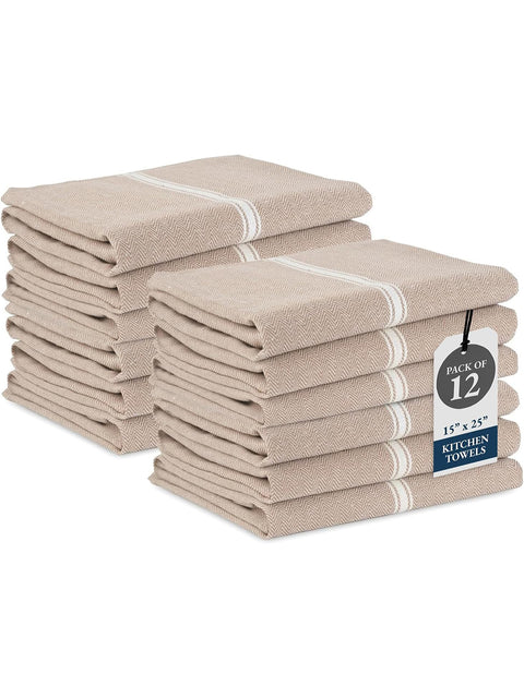 Displaying beige color kitchen towels with a label pack of 12 on a white background