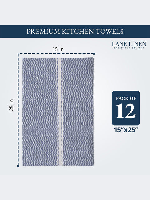 Blue Chambrey Color kitchen towel with white stripe and Kitchen Towel details & Dimensions on a white background