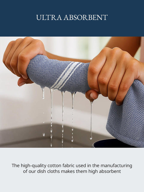 Person holding a dish cloth with water dripping, emphasizing its absorbent quality that describes the high quality cotton fabric used in the manufacturing of Lane Linen dish cloths makes them highly abosrbent
