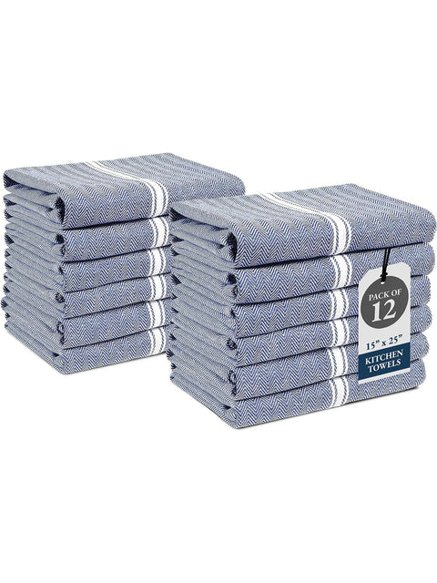 Displayed Blue and white striped kitchen towels with a label indicating 'Pack of 12'.
