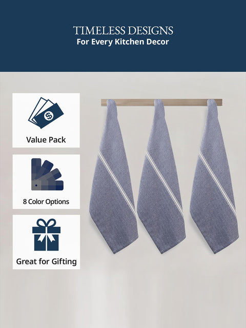 Three blue chambrey color kitchen towels with white stripes hanging on a wooden rack on a light gray background, with text and icons indicating product features i.e Value for money kitchen towel, color option avaialable, Great Product for gifting purpose also.