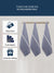 Three blue chambrey color kitchen towels with white stripes hanging on a wooden rack on a light gray background, with text and icons indicating product features i.e Value for money kitchen towel, color option avaialable, Great Product for gifting purpose also.