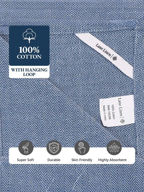 Blue Color Cotton fabric Cloth with labels, text indicating brand name and features such as super soft, durable, skinfriendly, high absorbent

