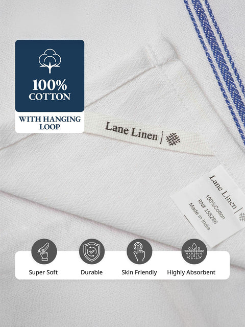 White towel with blue stripes and 'Lane Linen' branding, featuring a label with product details of Super Soft, Durable, Skin Friendly, Highly Absorbent Kitchen Towels