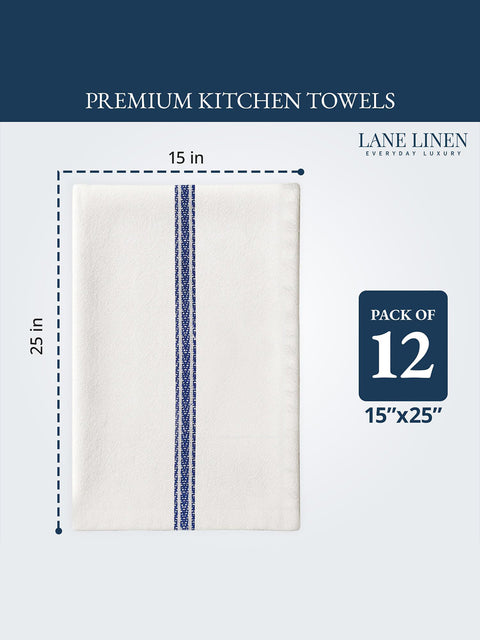 White Premium kitchen towel with blue stripe dimension and measurement details on a white background